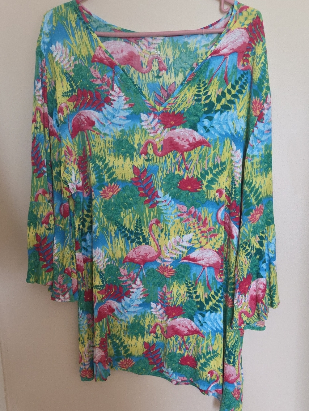 Tropical Flamingo V-Neck Swim Coverup - Pink & Green